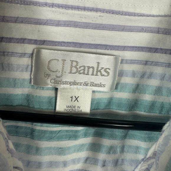 CJ Banks Womens Button Up Striped Blouse Top 1X Purple Teal 3/4 Sleeve - Picture 3 of 11